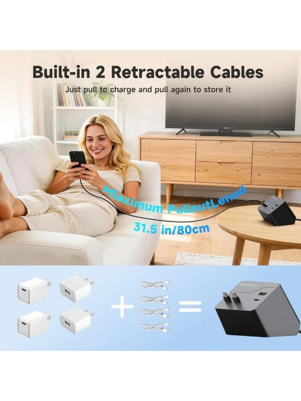 4-in-1 Retractable Charging Station with Dual USB-C Cables - Compact & Versatile